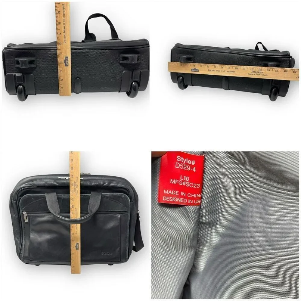 Solo New York Walker Black Leather Briefcase Rolling Travel Luggage Carry On Bag